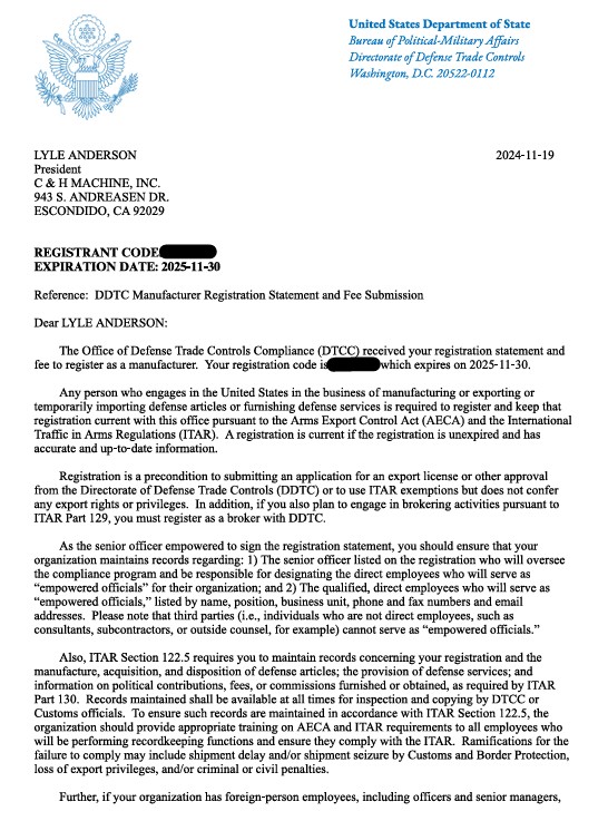 ITAR Letter